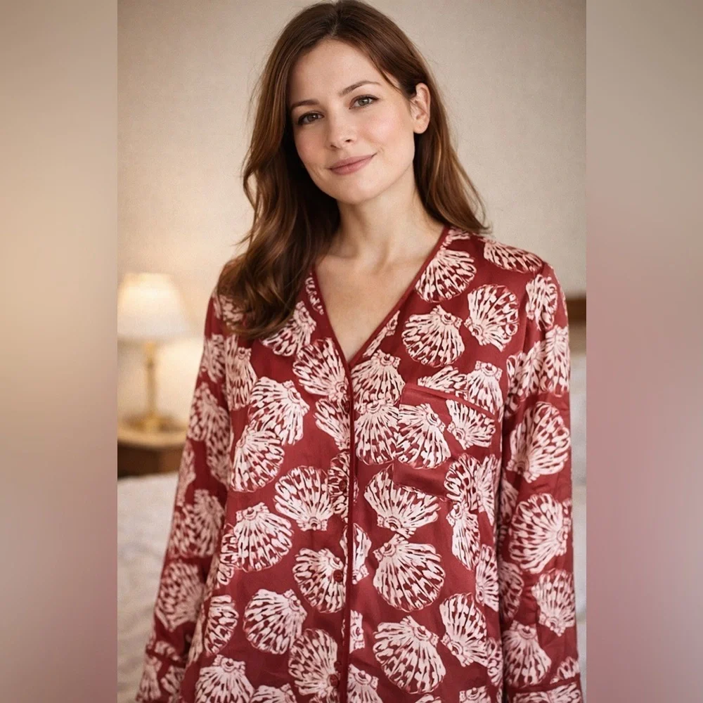 Summersalt Womens Cloud 9 Silky Pajama Top Sz L Brown Seashell Print PJ Shirt